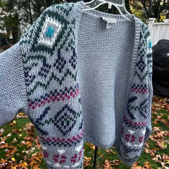Vintage Croquet Club Boho Knit Cardigan Sweater Gray Patterned Sleeves Size M - Picture 4 of 7